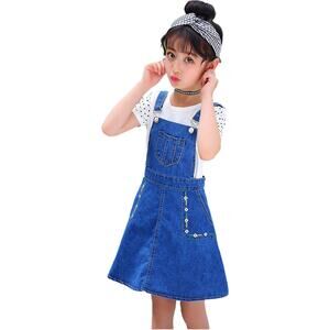 Kidscool Space Girls Medium Embroidered Floral Denim Blue Overall Skirt Dress
